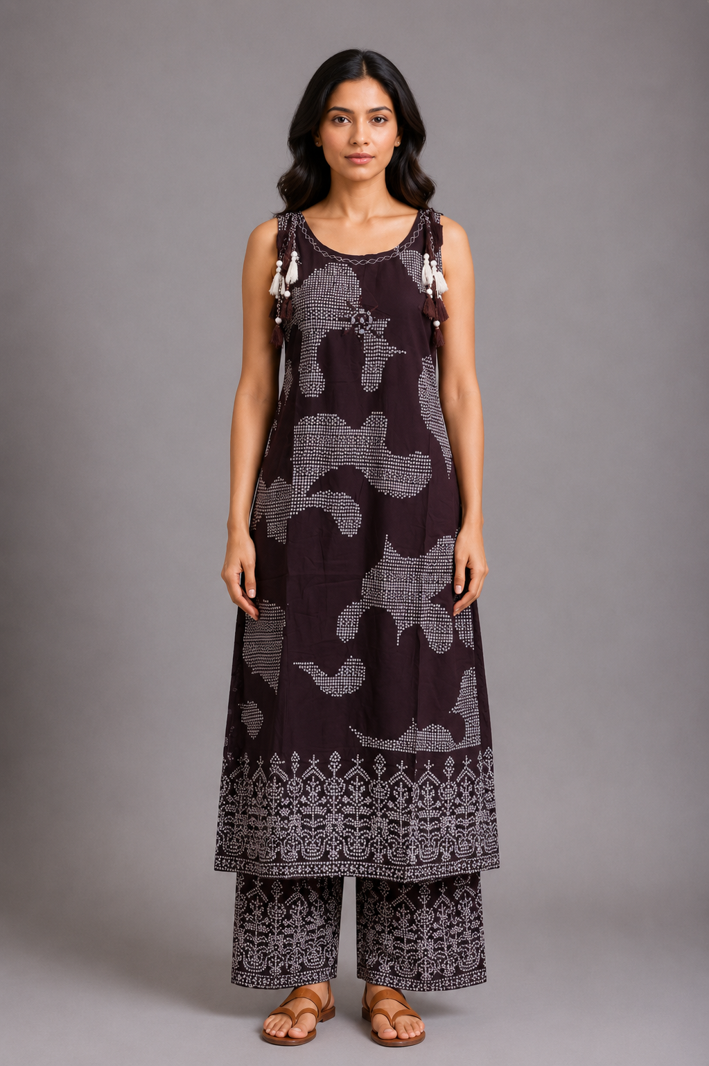 Darkest Brown Printed Kurta Palazzo Set with Tassel Detailing